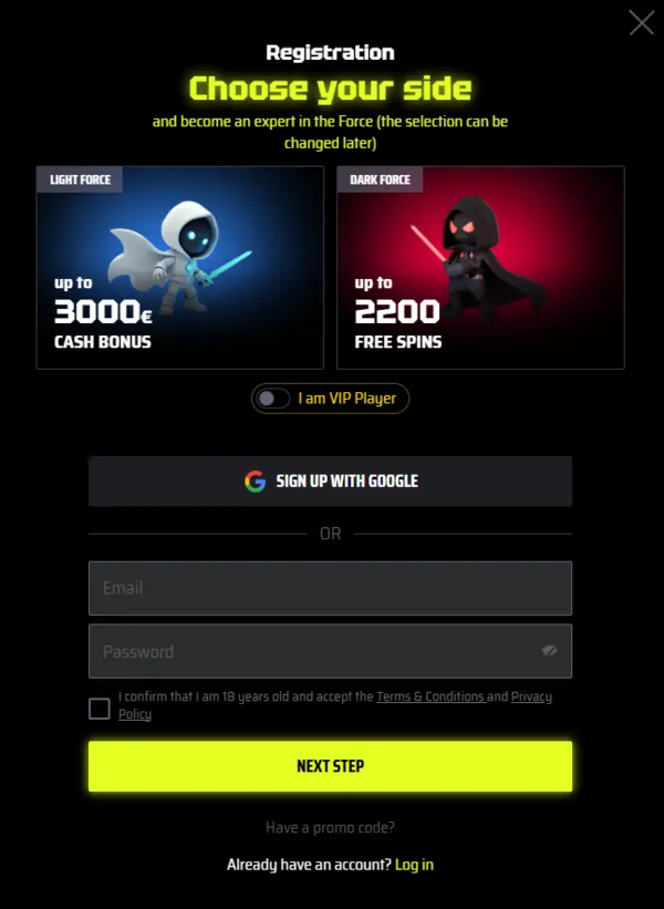 slotsvader signup page